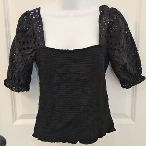 INC International Concepts Smocked Eyelet Puff Sleeve Square Neck Blouse Size M